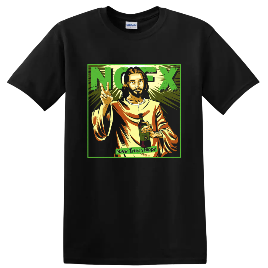 NOFX punk rock portrait graphic with peace sign and bold lettering on a Black T Shirt