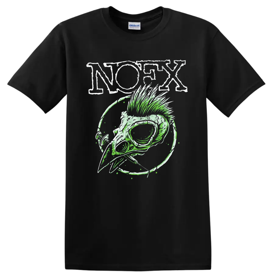 NOFX punk rock skull graphic with distressed lettering and green linework on a Black T Shirt