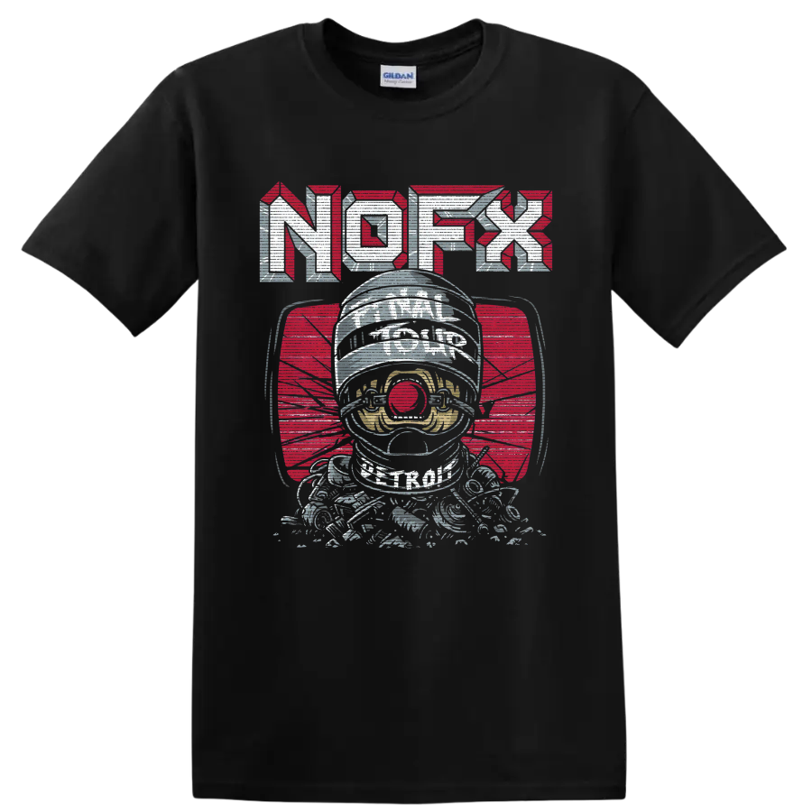 NOFX astronaut graphic with bold red and silver punk rock lettering on a Black T Shirt