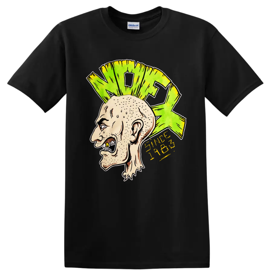 NOFX punk rock illustrated head with bright green mohawk and yellow lettering on a Black T Shirt