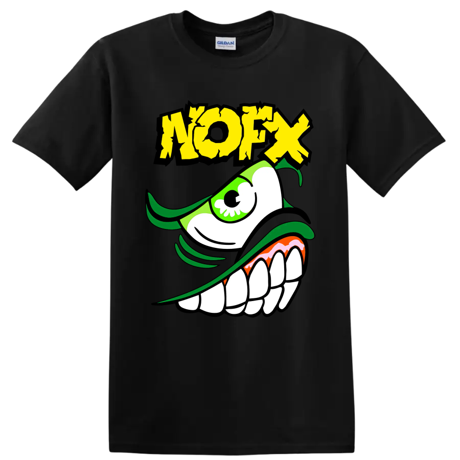 NOFX green monster punk rock graphic with distressed yellow lettering on a Black T Shirt