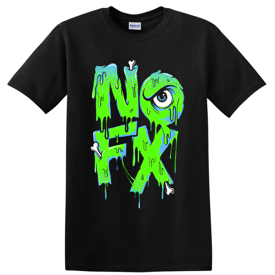 NOFX dripping punk rock band logo in neon green and blue on a Black T Shirt