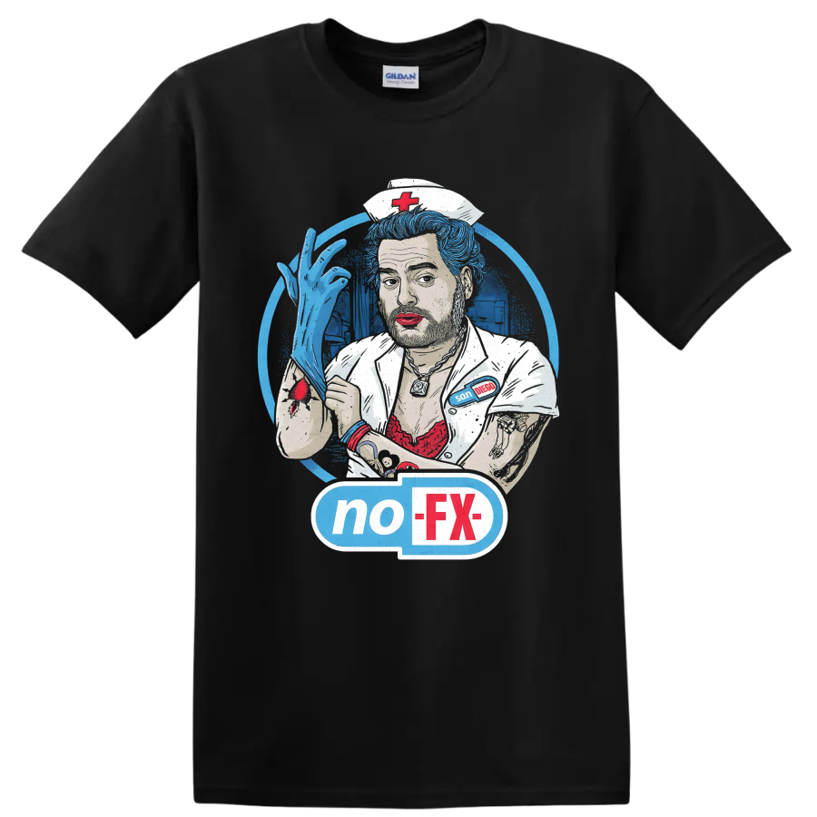 NOFX punk rock nurse illustration with blue hair and no-FX graphic on a Black T Shirt