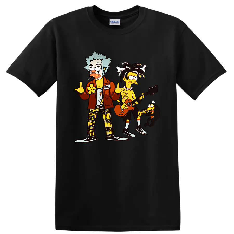 NOFX cartoon punk rock band with guitar and saxophone graphic on a Black T Shirt