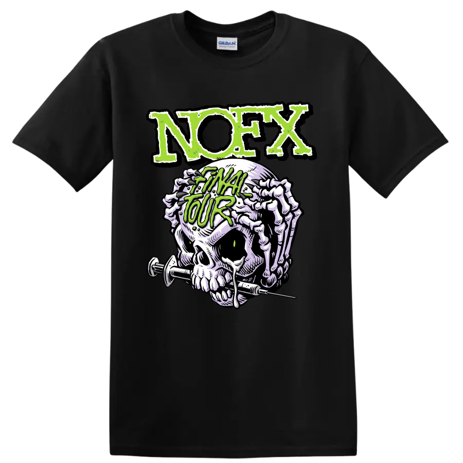 NOFX punk rock skull graphic with distressed green lettering on a Black T Shirt