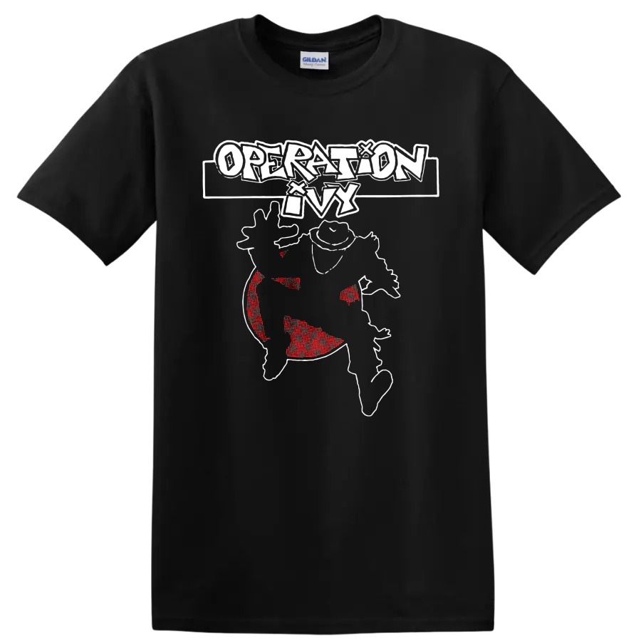 Operation Ivy punk rock graphic with distressed white lettering and red accents on a Black T Shirt
