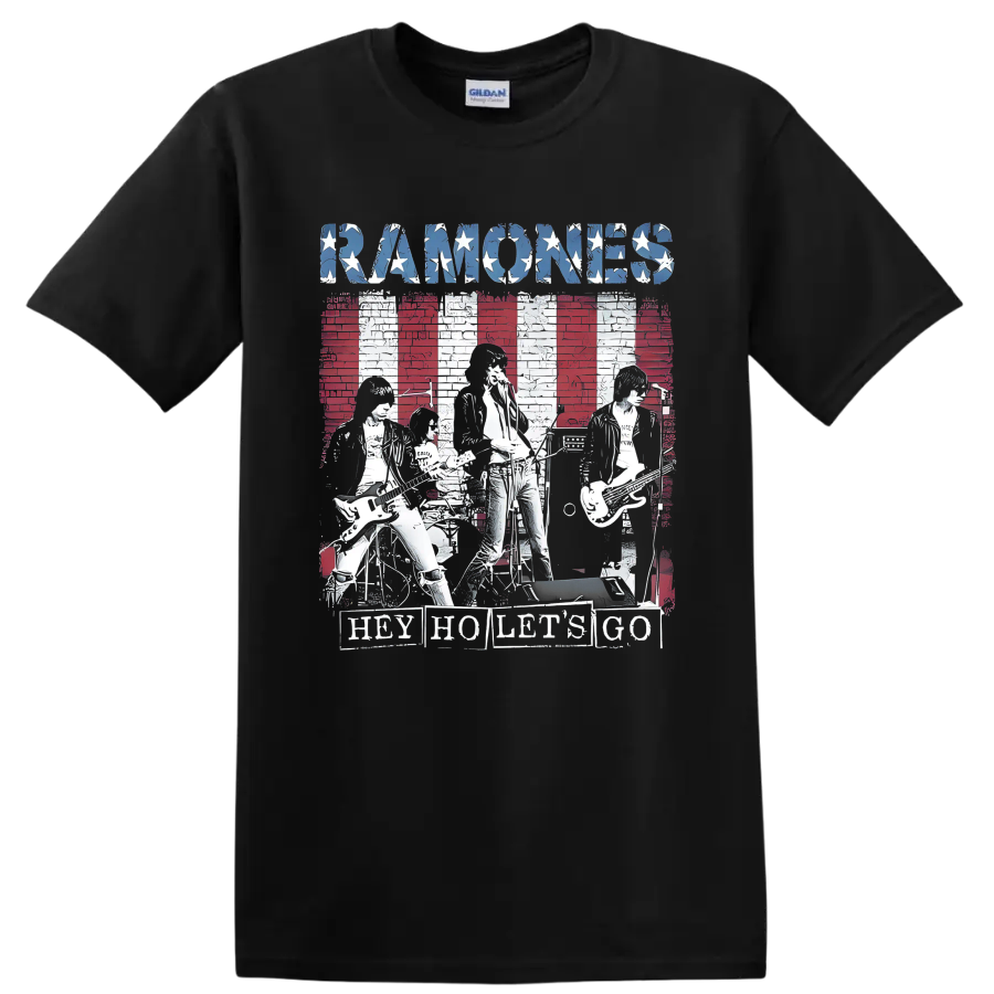 Ramones distressed punk rock graphic with stars, musicians, and striped backdrop on a Black T Shirt