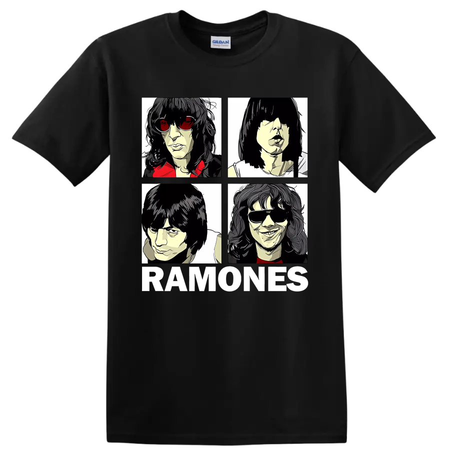Ramones four-panel punk rock portraits with RAMONES lettering on a Black T Shirt