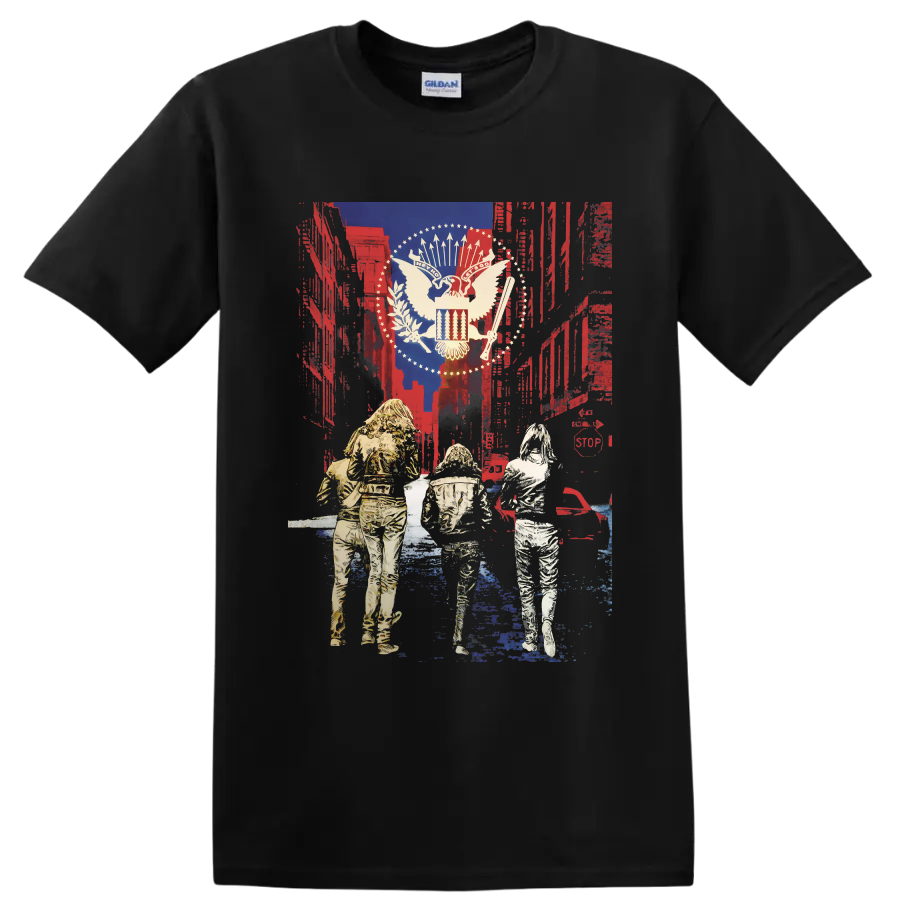 Ramones punk rock eagle graphic with distressed patriotic collage and three figures on a Black T Shirt