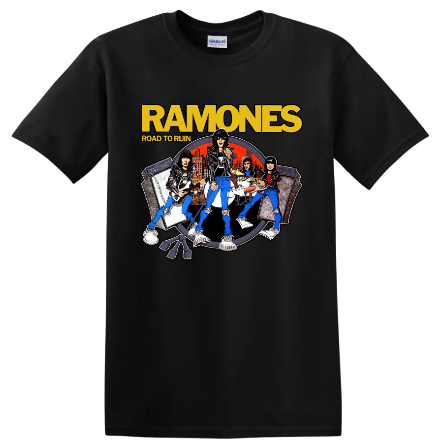 Ramones Road to Ruin illustrated punk rock band graphic print on a Black T Shirt