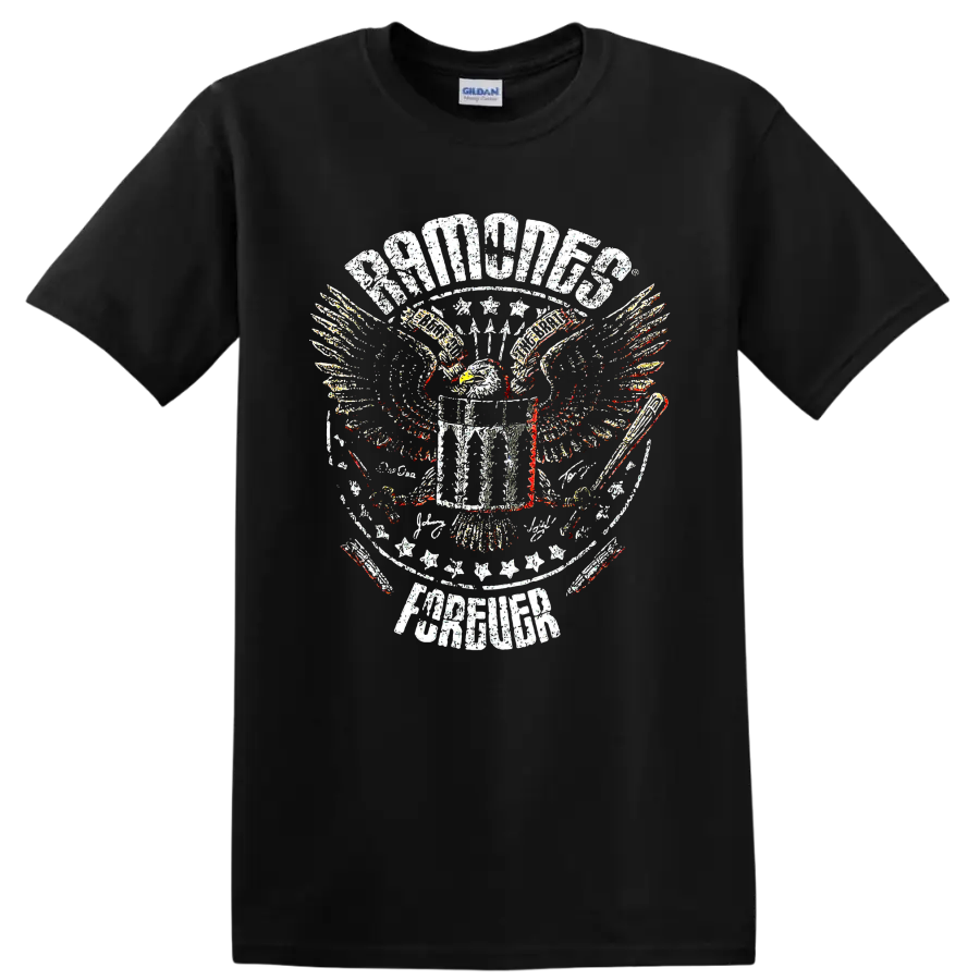 Ramones punk rock eagle crest distressed graphic print on a Black T Shirt