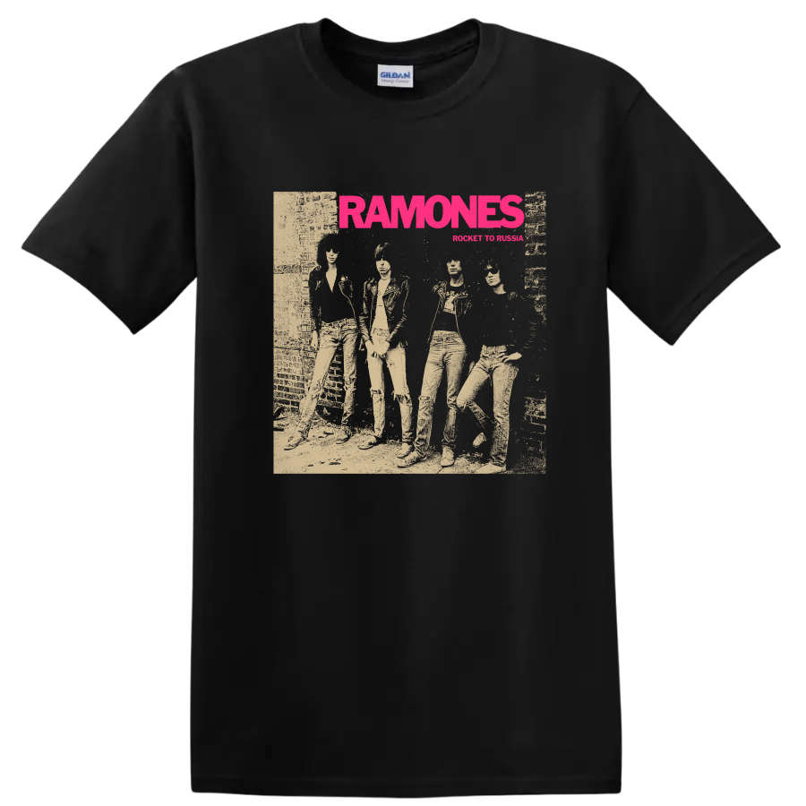 Ramones punk rock band graphic with bold pink lettering and performer collage on a Black T Shirt