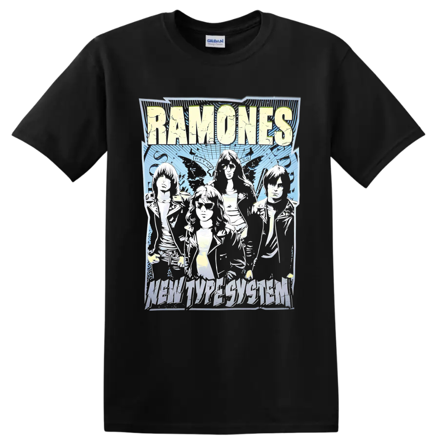 Ramones punk rock band graphic with illustrated portraits and bold lettering on a Black T Shirt