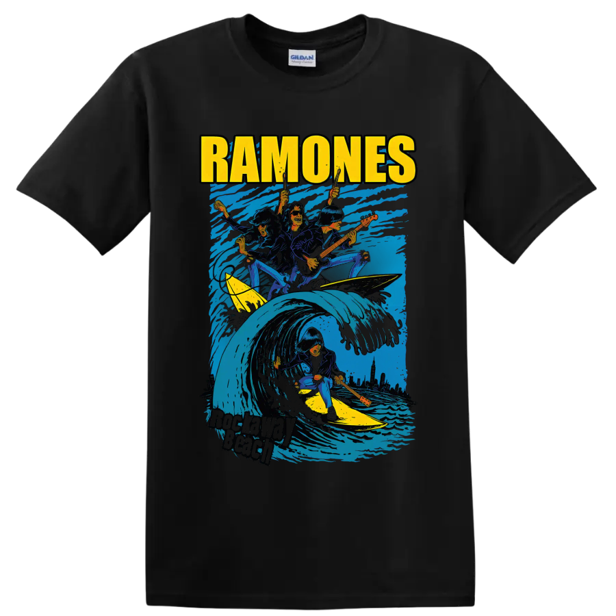Ramones punk rock band surfing wave graphic with guitars on a Black T Shirt