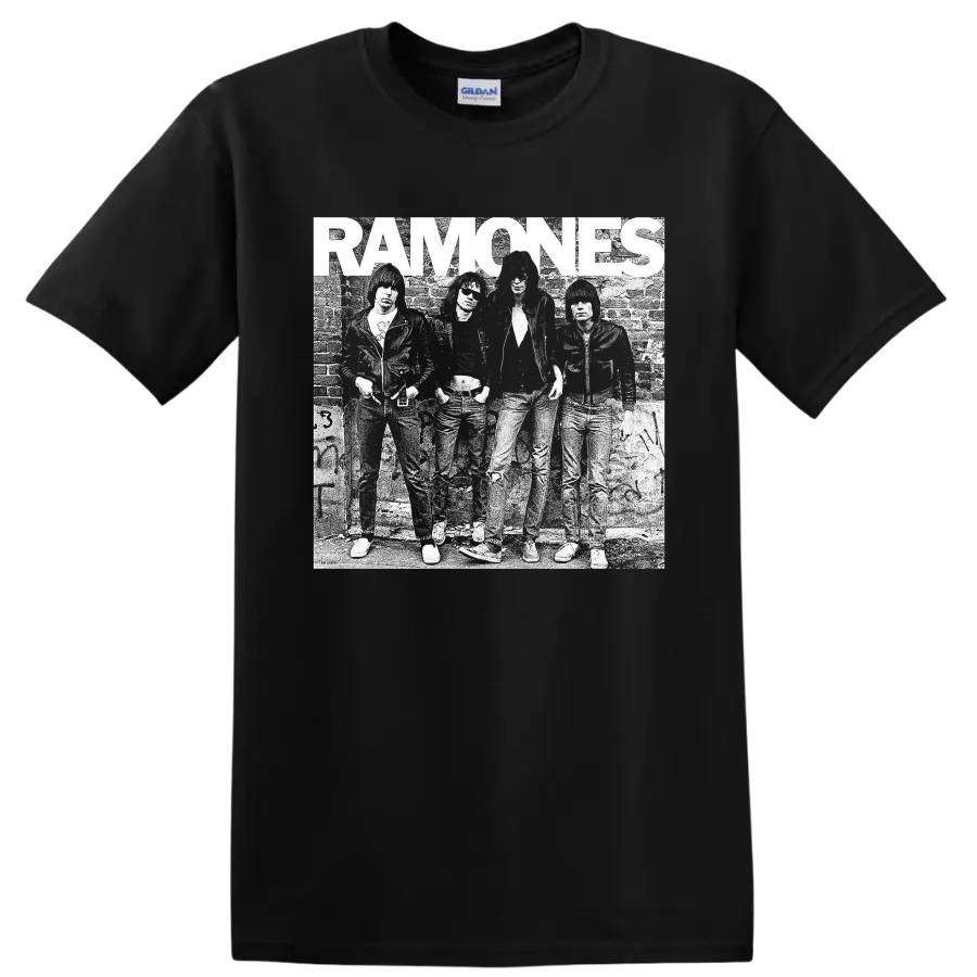 Ramones punk rock band distressed black-and-white graphic print on a Black T Shirt