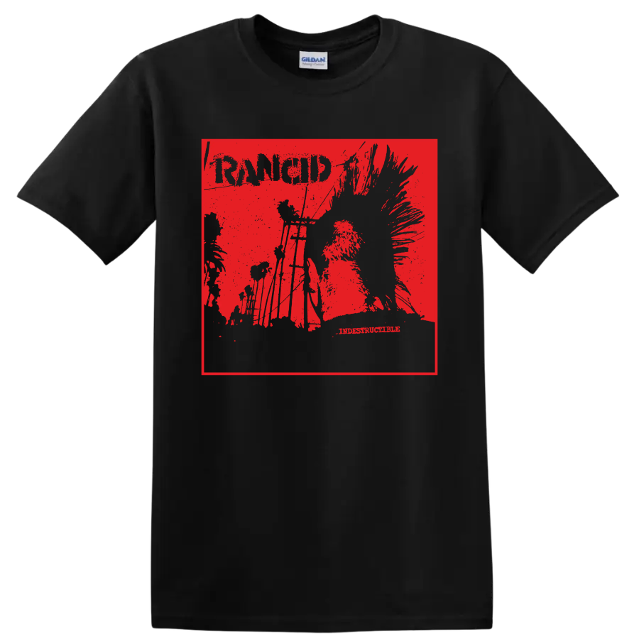 Rancid punk rock distressed graphic with bold band lettering on a Black T Shirt