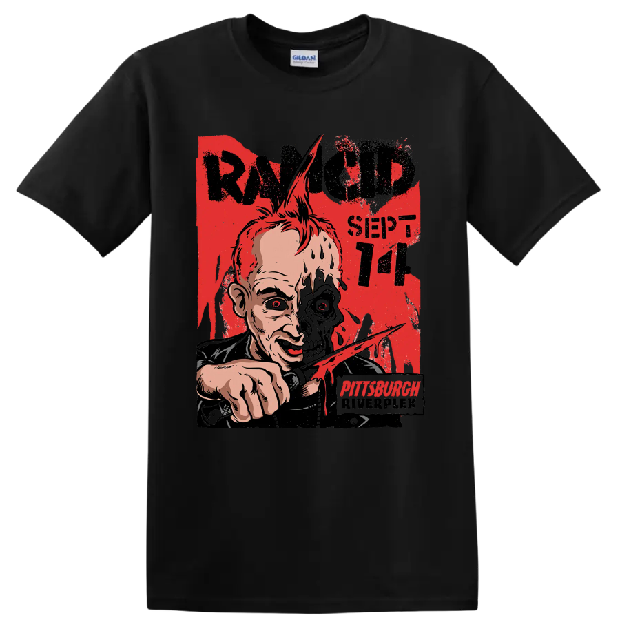 Rancid punk rock distressed half-skull artwork with Pittsburgh lettering on a Black T Shirt