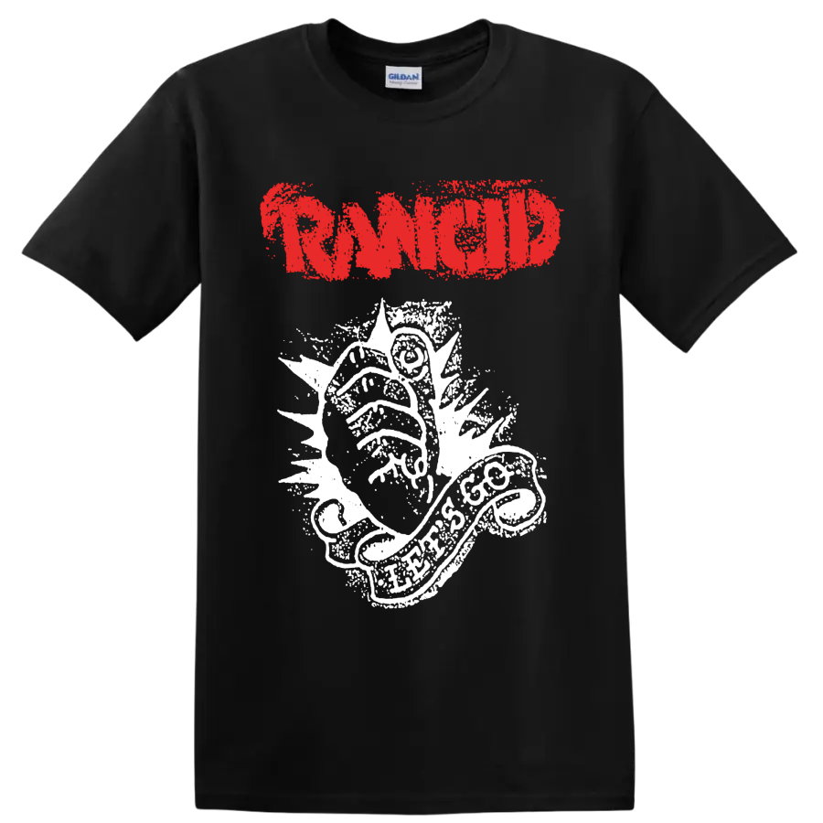 Rancid distressed red logo with white punk rock illustration on a Black T Shirt