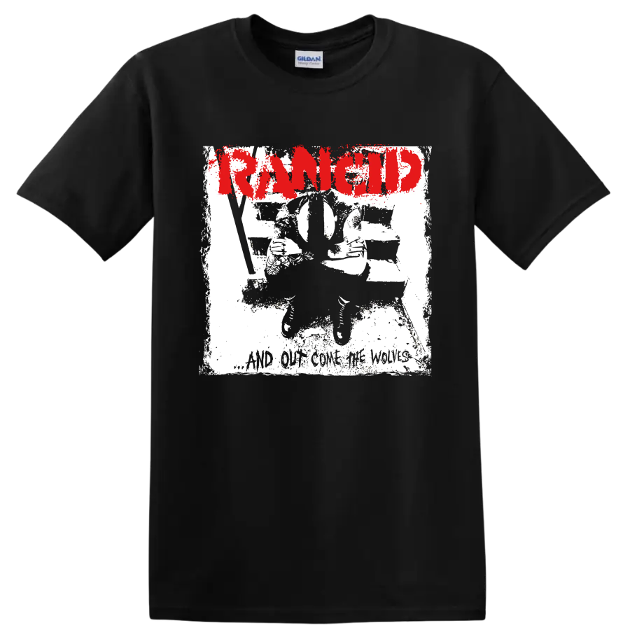 Distressed red Rancid logo with black and white punk artwork on a Black T Shirt