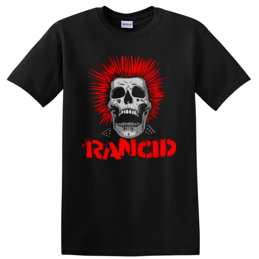 Rancid distressed skull graphic with red burst and bold lettering on a Black T Shirt