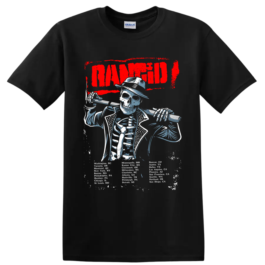 Rancid skeleton musician graphic with bold red lettering on a Black T Shirt
