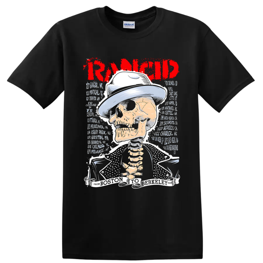 Rancid punk rock skull graphic with distressed red band lettering on a Black T Shirt