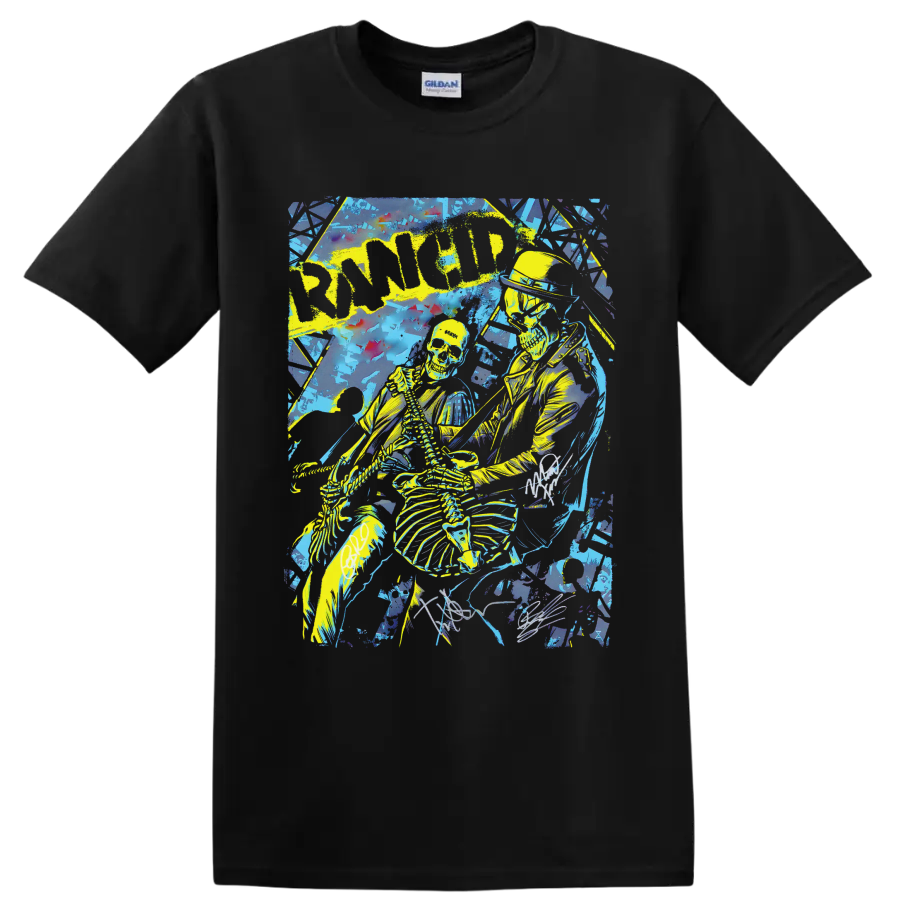 Rancid punk rock skeleton graphic with bold lettering on a Black T Shirt