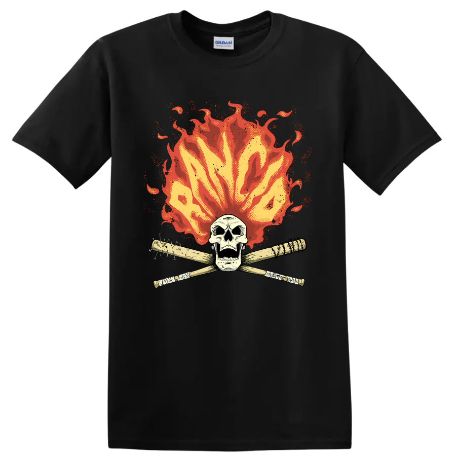 Rancid punk rock skull with crossed bats and distressed flames on a Black T Shirt
