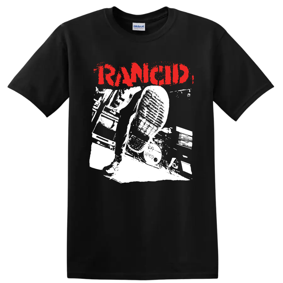 Rancid distressed red logo with bold monochrome punk rock artwork on a Black T Shirt