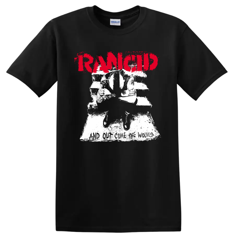 Rancid punk rock graphic with distressed red lettering and white illustration on a Black T Shirt