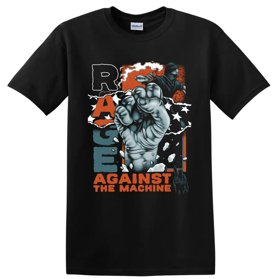 Rage Against the Machine distressed raised fist protest graphic on a Black T Shirt