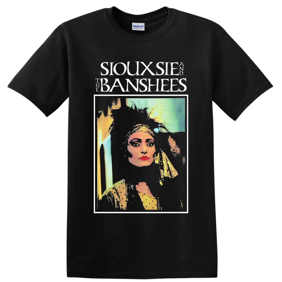 Siouxsie and the Banshees punk rock portrait graphic with bold lettering on a Black T Shirt