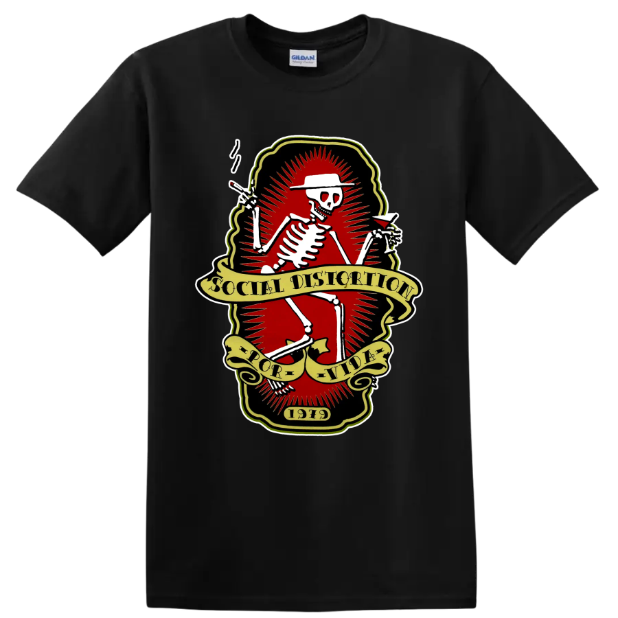 Social Distortion skeleton punk rock band logo with vintage banners on a Black T Shirt