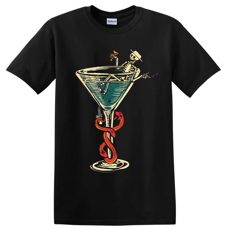 Social Distortion punk rock skeleton cocktail graphic with red snake on a Black T Shirt