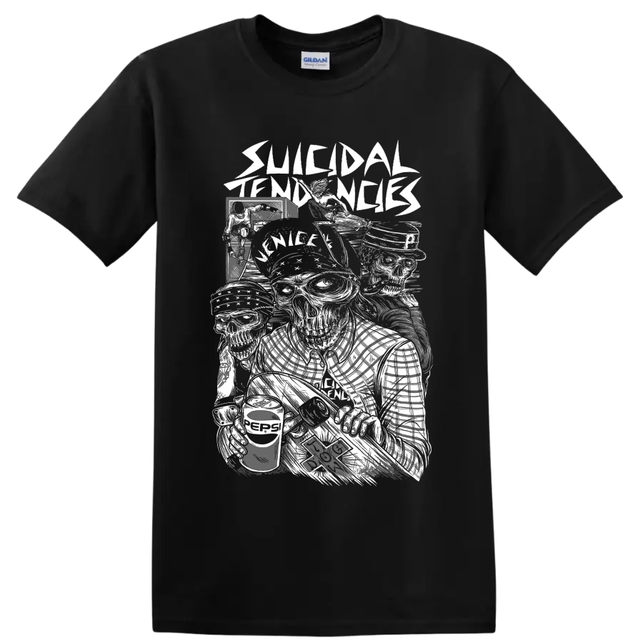 Suicidal Tendencies punk rock band graphic with illustrated figures on a Black T Shirt