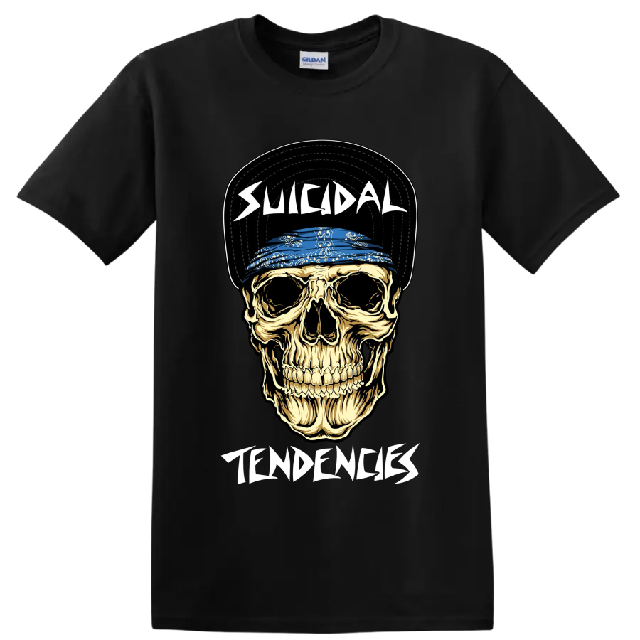 Suicidal Tendencies skull graphic with blue bandana and bold lettering on a Black T Shirt
