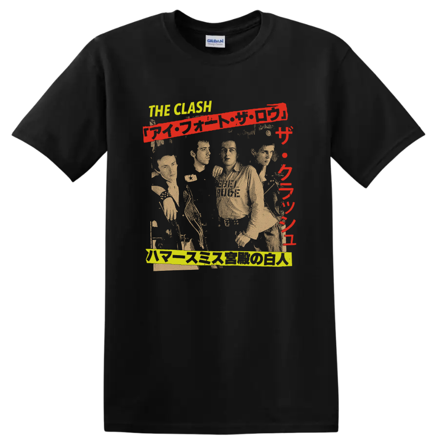 The Clash punk rock graphic with performer silhouettes and red lettering on a Black T Shirt