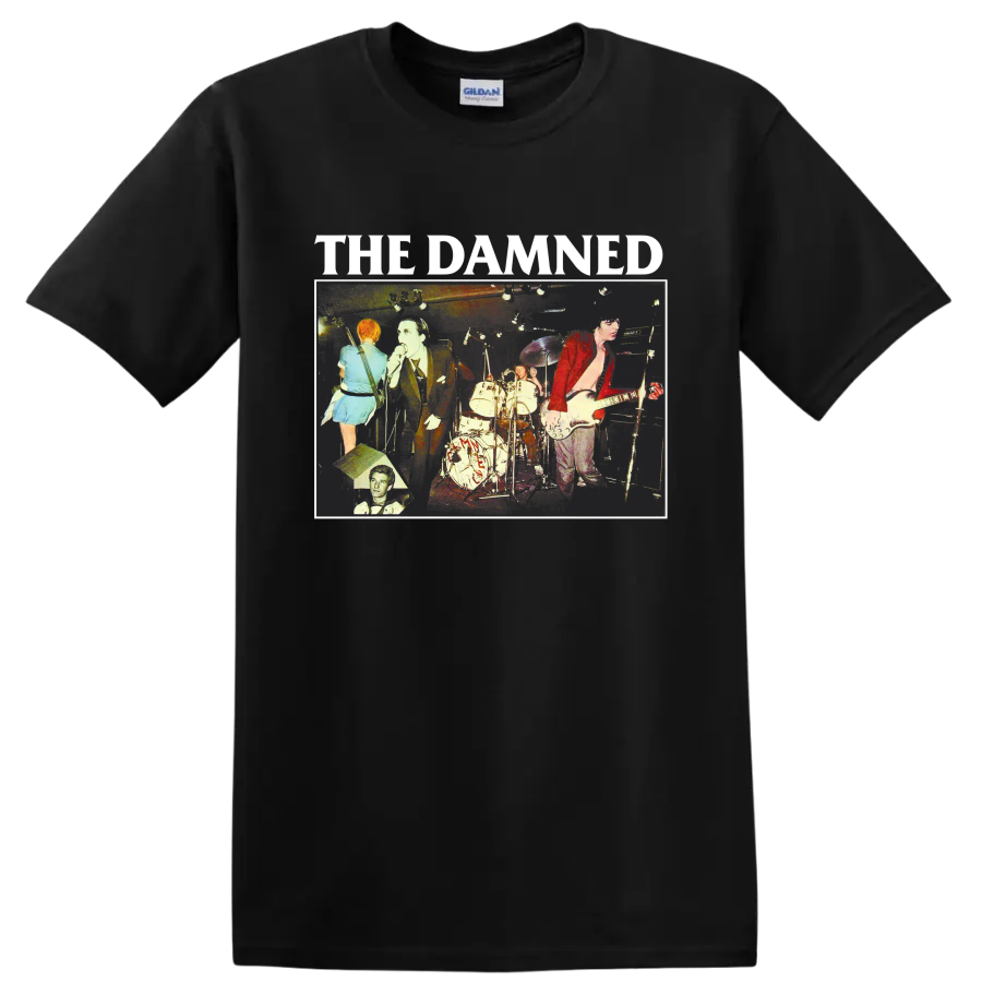 The Damned vintage punk rock live concert graphic with band lettering on a Black T Shirt