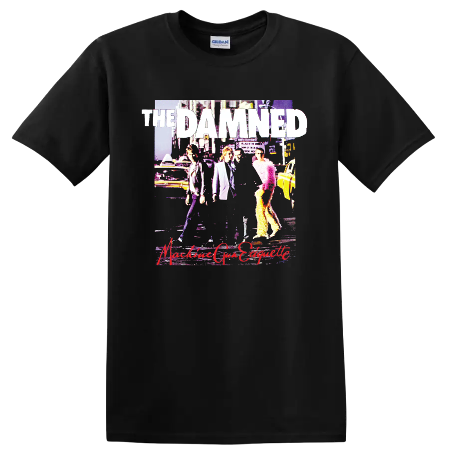The Damned punk rock band graphic with bold white lettering and vivid collage art on a Black T Shirt