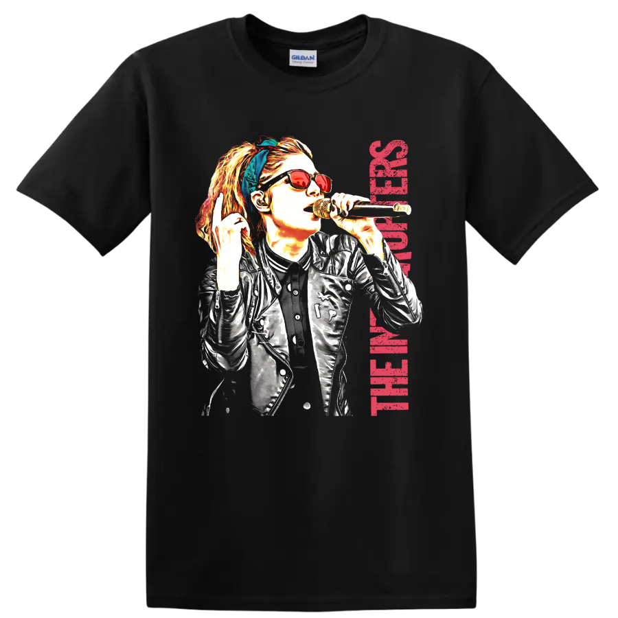 The Interrupters punk rock singer graphic with microphone and red lettering on a Black T Shirt