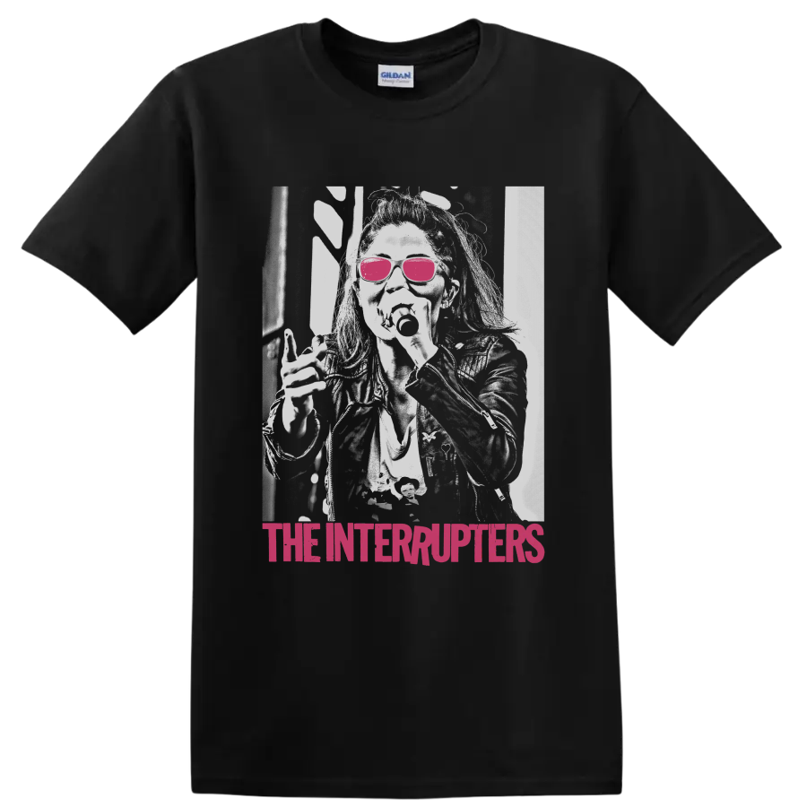 The Interrupters distressed punk rock portrait with pink sunglasses and magenta text on a Black T Shirt