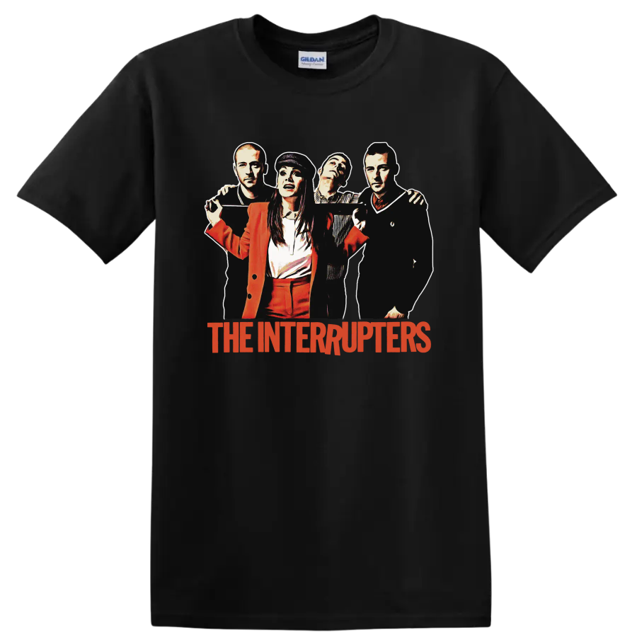 The Interrupters punk rock band portrait with red band name graphic on a Black T Shirt