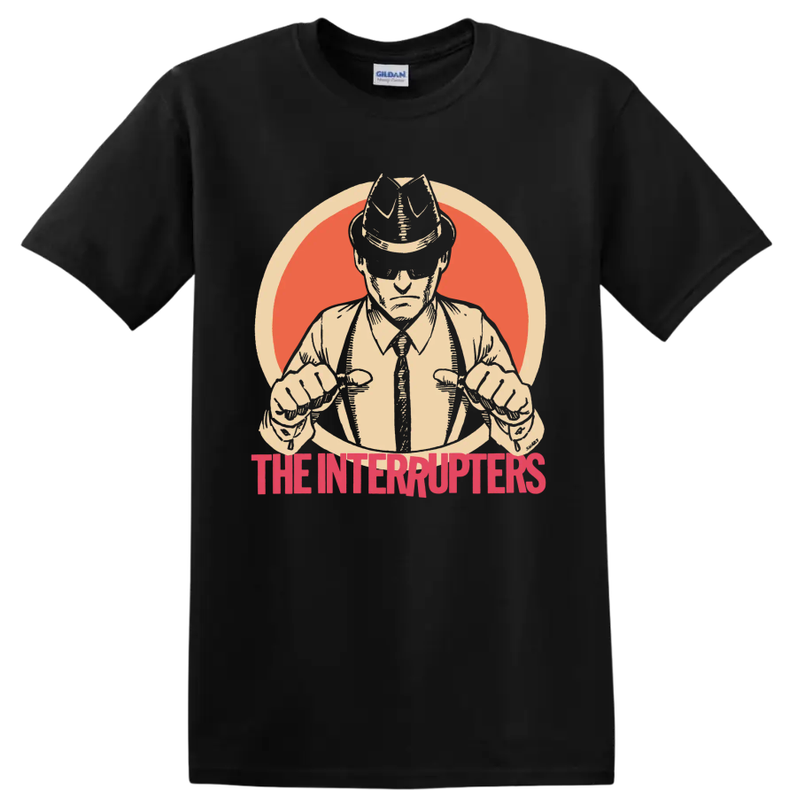 The Interrupters punk rock band graphic with hat-wearing figure and red lettering on a Black T Shirt