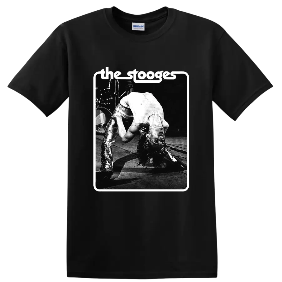 The Stooges black-and-white punk rock live performance graphic on a Black T Shirt