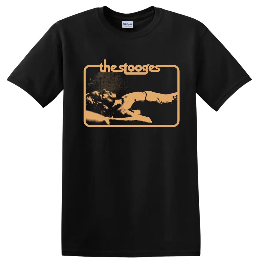 The Stooges distressed punk rock band graphic with framed lettering on a Black T Shirt