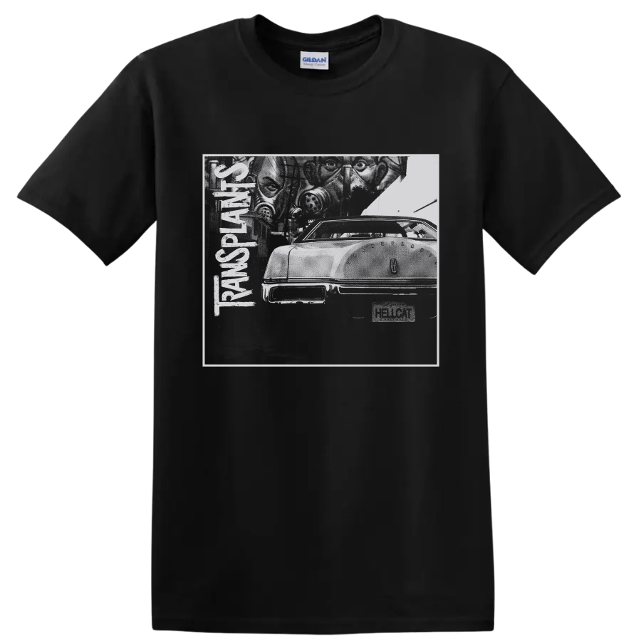 Transplants punk rock distressed car graphic with vertical band lettering on a Black T Shirt