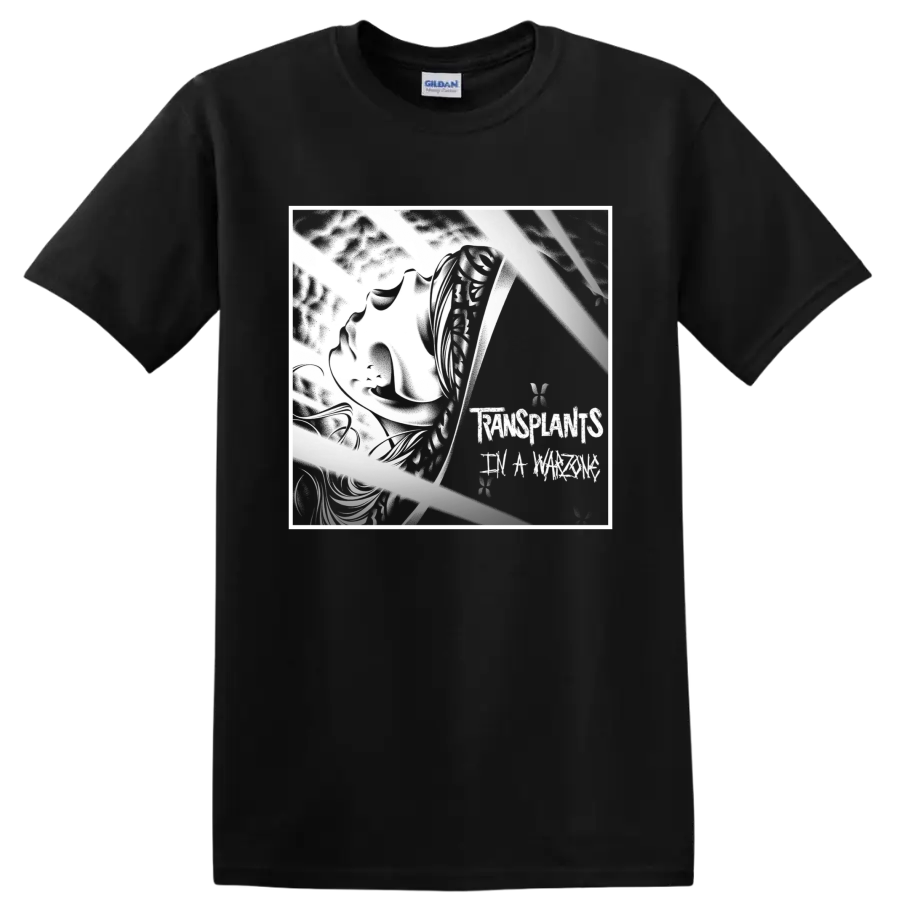 Transplants punk rock graphic with bold angular black-and-white emblem on a Black T Shirt