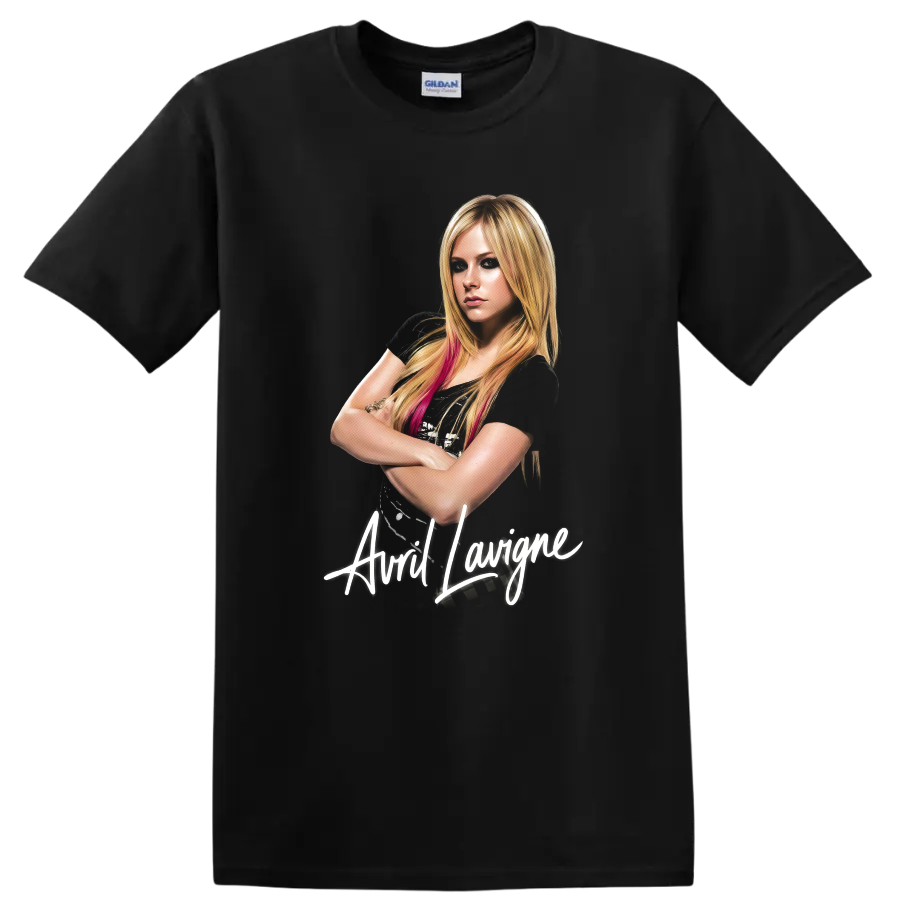 Avril Lavigne pop art portrait with white script lettering on a Black T Shirt