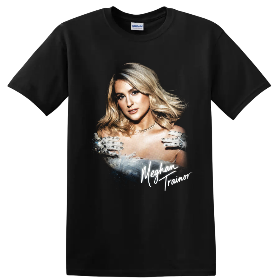 Meghan Trainor glamorous pop star portrait with script lettering on a Black T Shirt