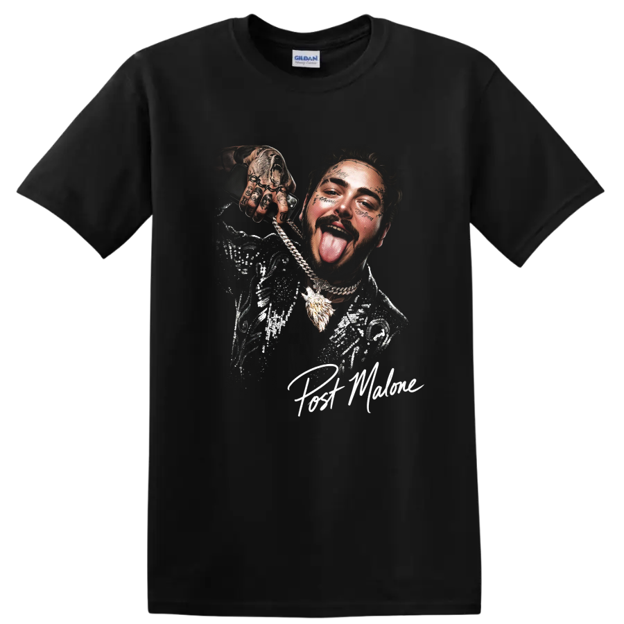 Post Malone stylized halftone portrait with chains and facial tattoos on a Black T Shirt